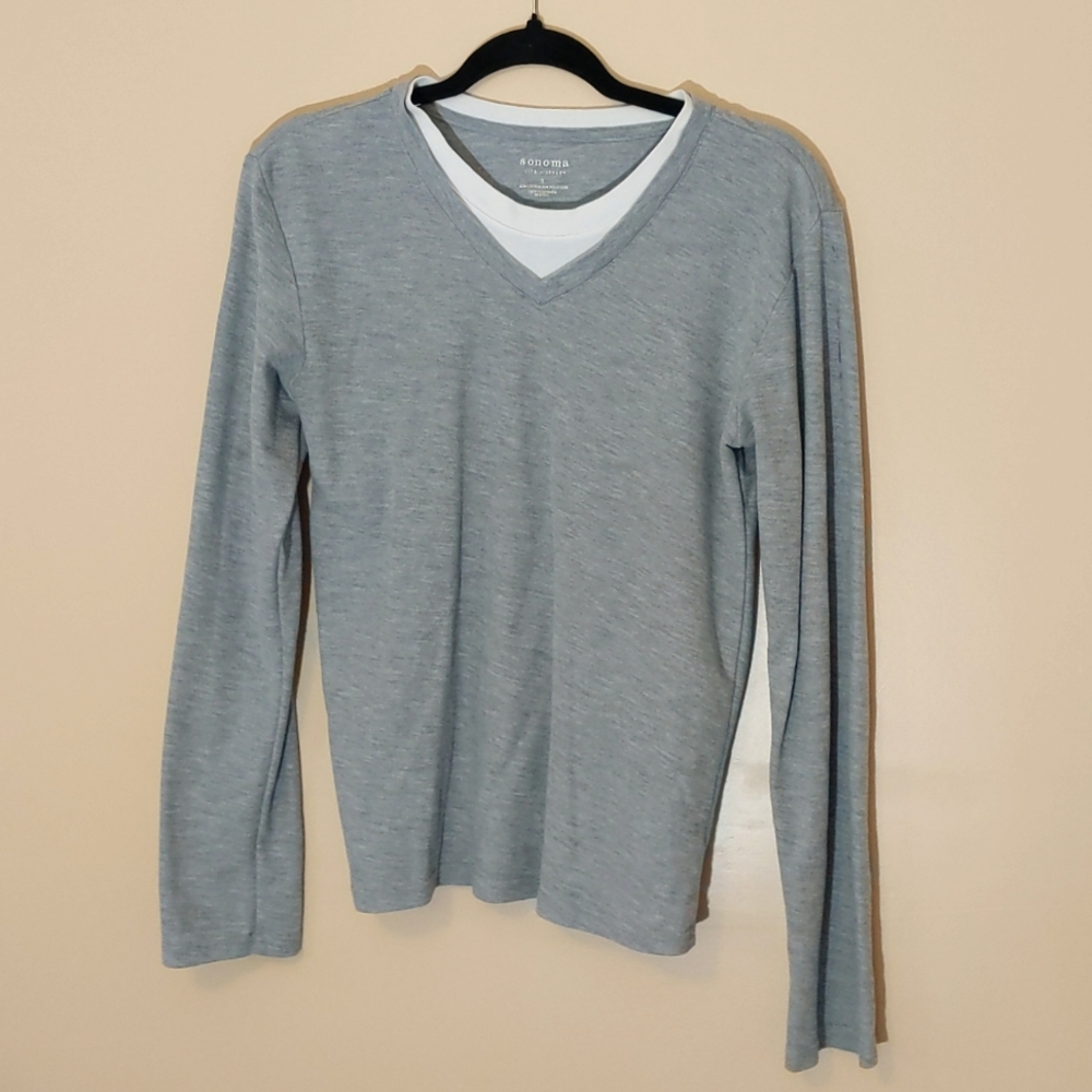 Sonoma| Grey V-Neck Sweater With Faux White T-shirt Cotton Polyester Blend